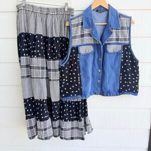 Shelly & Arnold 2X Patchwork Denim Vest Prairie Skirt Set Cottagecore Boho